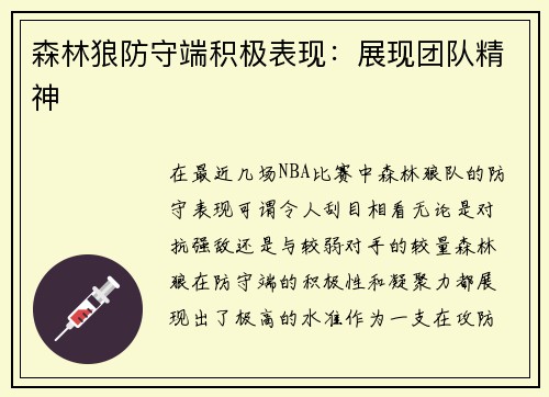 森林狼防守端积极表现：展现团队精神