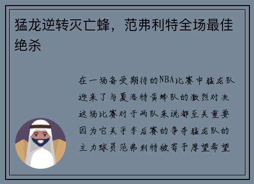 猛龙逆转灭亡蜂，范弗利特全场最佳绝杀