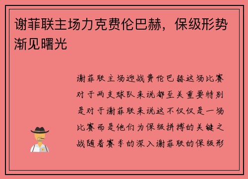谢菲联主场力克费伦巴赫，保级形势渐见曙光