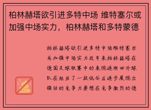 柏林赫塔欲引进多特中场 维特塞尔或加强中场实力，柏林赫塔和多特蒙德比分预测