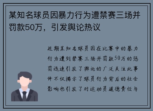 某知名球员因暴力行为遭禁赛三场并罚款50万，引发舆论热议