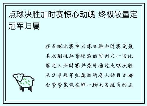 点球决胜加时赛惊心动魄 终极较量定冠军归属