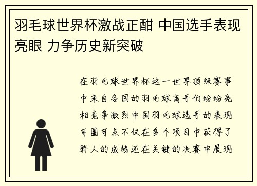 羽毛球世界杯激战正酣 中国选手表现亮眼 力争历史新突破