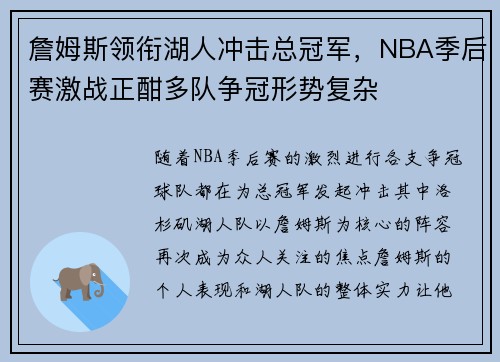 詹姆斯领衔湖人冲击总冠军，NBA季后赛激战正酣多队争冠形势复杂
